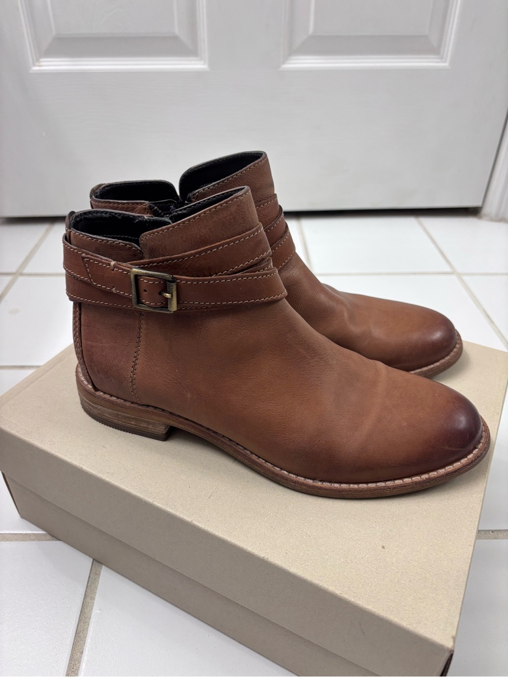 Clarks Tan Leather Ankle Booties with Buckle Strap - Picture 6 of 11